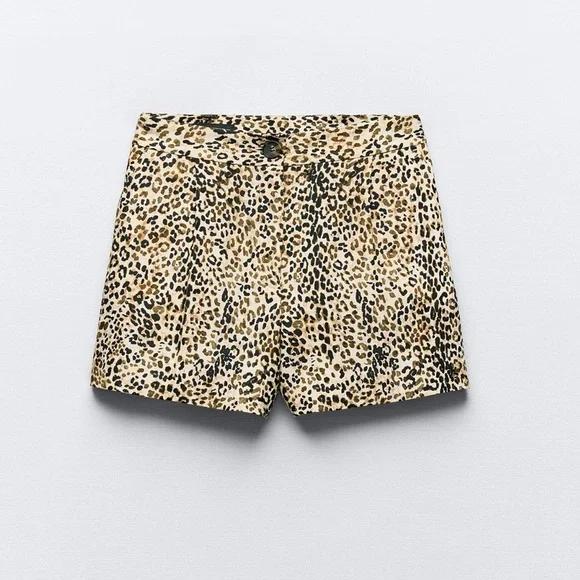 ZARA Leopard Shorts Small BERMUDA ESTAMPADO ANIMAL CON LINO - Picture 2 of 12